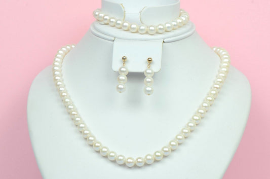14k Yellow Gold Genuine White Pearls 3pcs Set: Necklace, Bracelet, Earrings