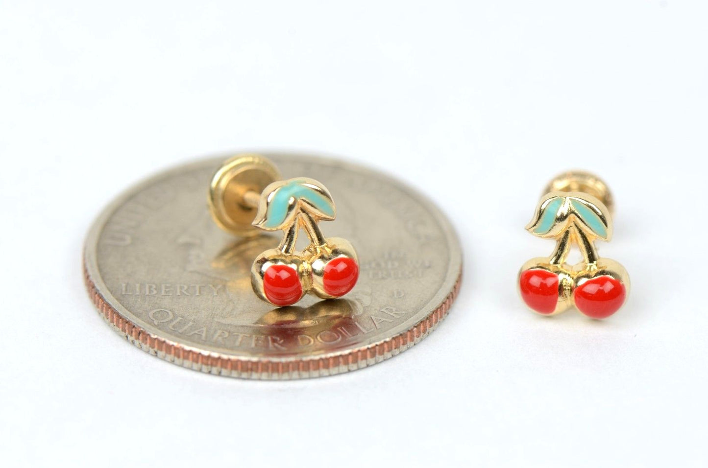 14k Yellow Gold Red and Green Enamel Cherry Baby Earrings, Screw Back