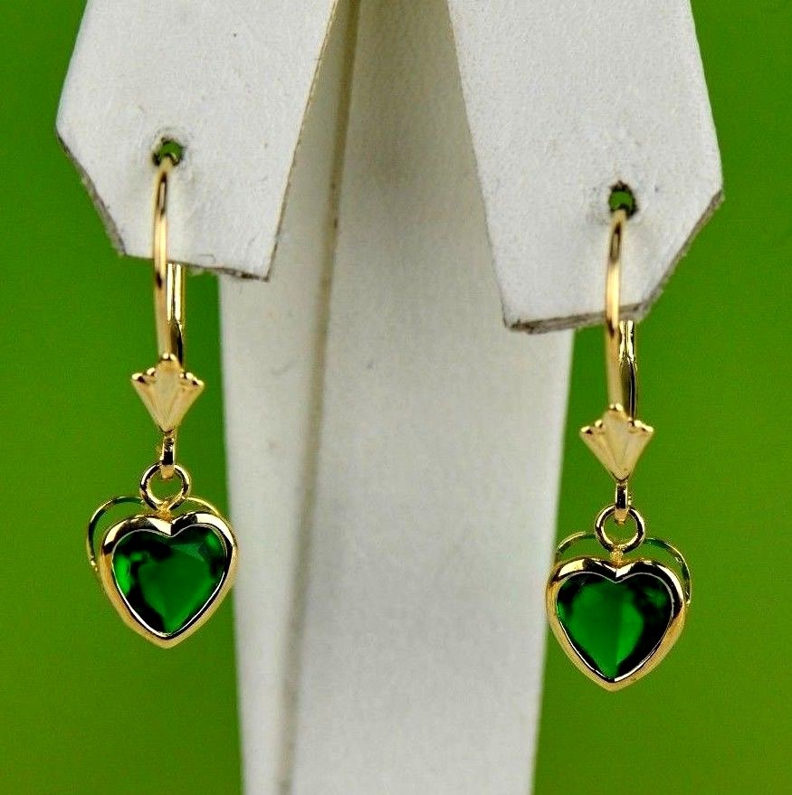 14k Yellow Gold Bezel Heart Birthstone Dangle Leverback Pierced Earrings  6x6 MM