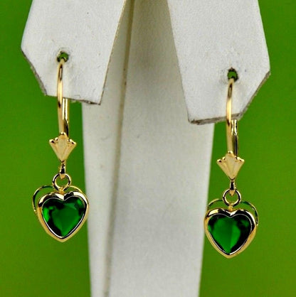 14k Yellow Gold Bezel Heart Birthstone Dangle Leverback Pierced Earrings  6x6 MM