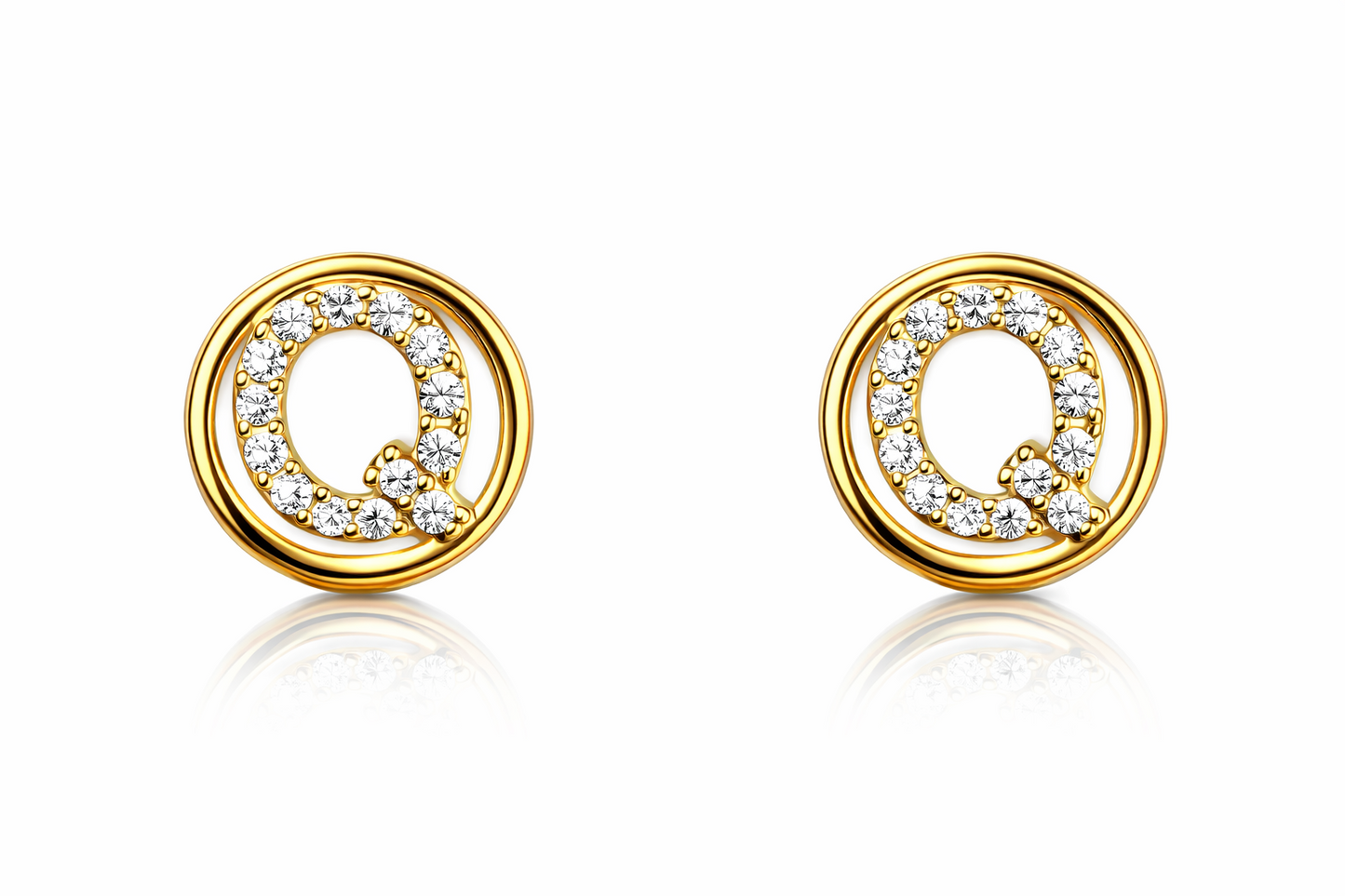 14k Yellow or White Gold Round Initial Letters CZ Stud Earrings