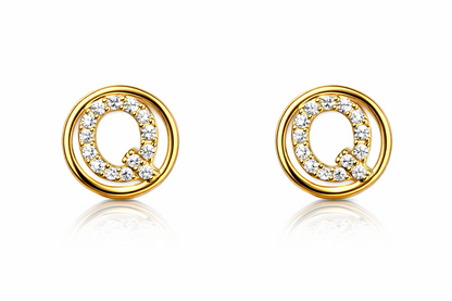 14k Yellow or White Gold Round Initial Letters CZ Stud Earrings