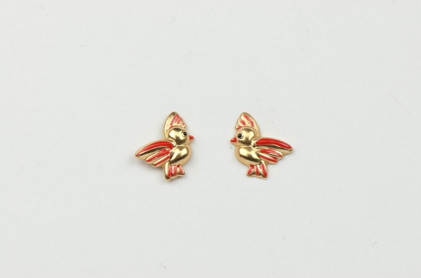 14k Yellow Gold Beautiful Enamel Bird Baby Earrings, Screw Back