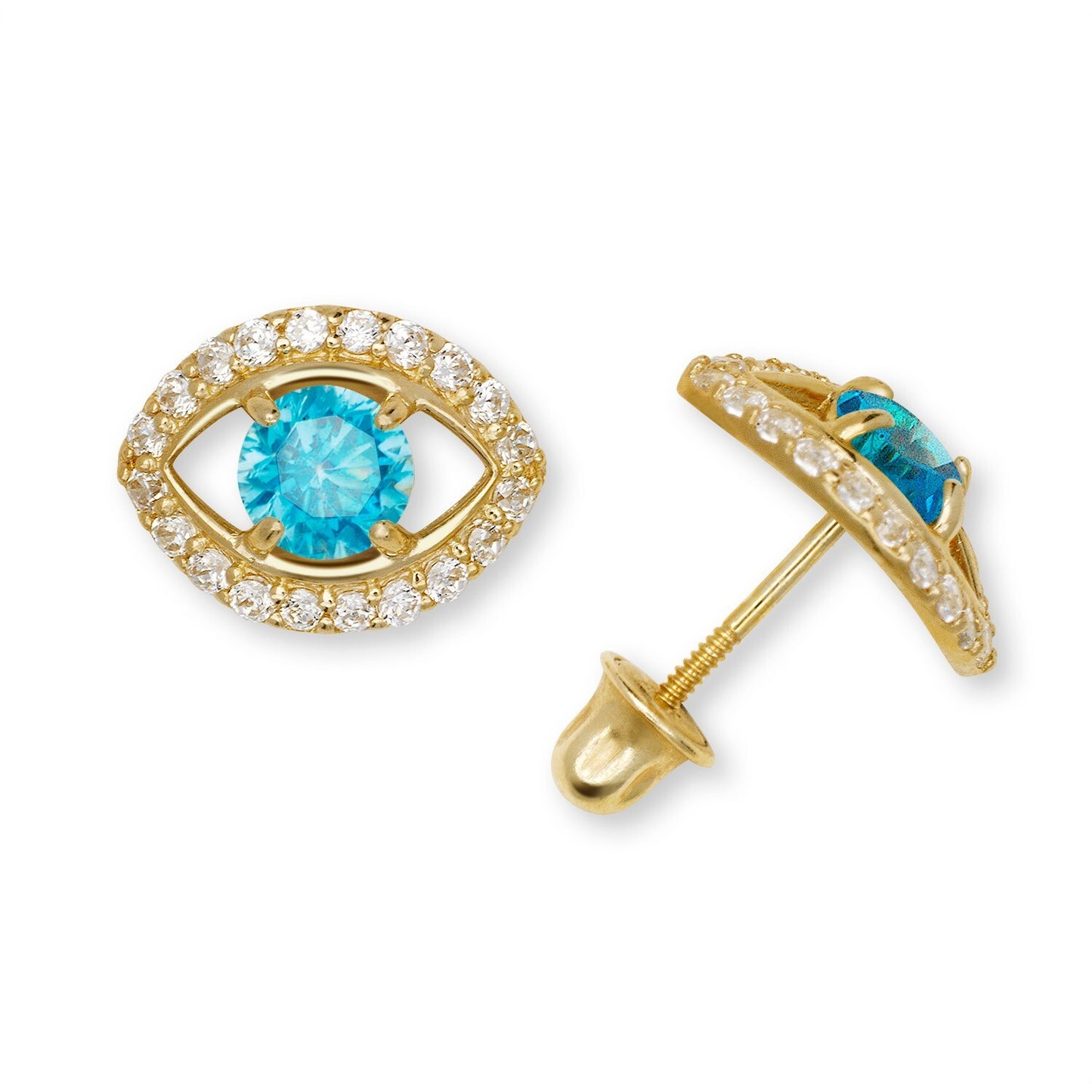 14K Yellow & White Gold CZ Evil Eye Stud Fashion Earrings for Women