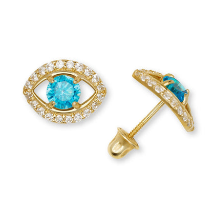 14K Yellow & White Gold CZ Evil Eye Stud Fashion Earrings for Women