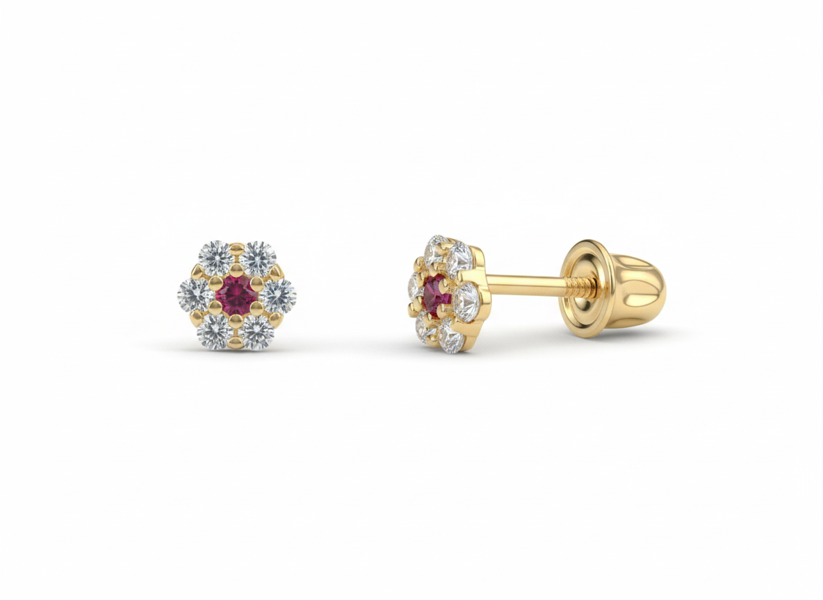 14K Yellow Gold Flower Shaped  Screw Back Stud Earrings for Women