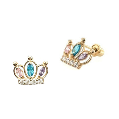 14K Solid Yellow Gold Crown Screw Back CZ Stud Earrings