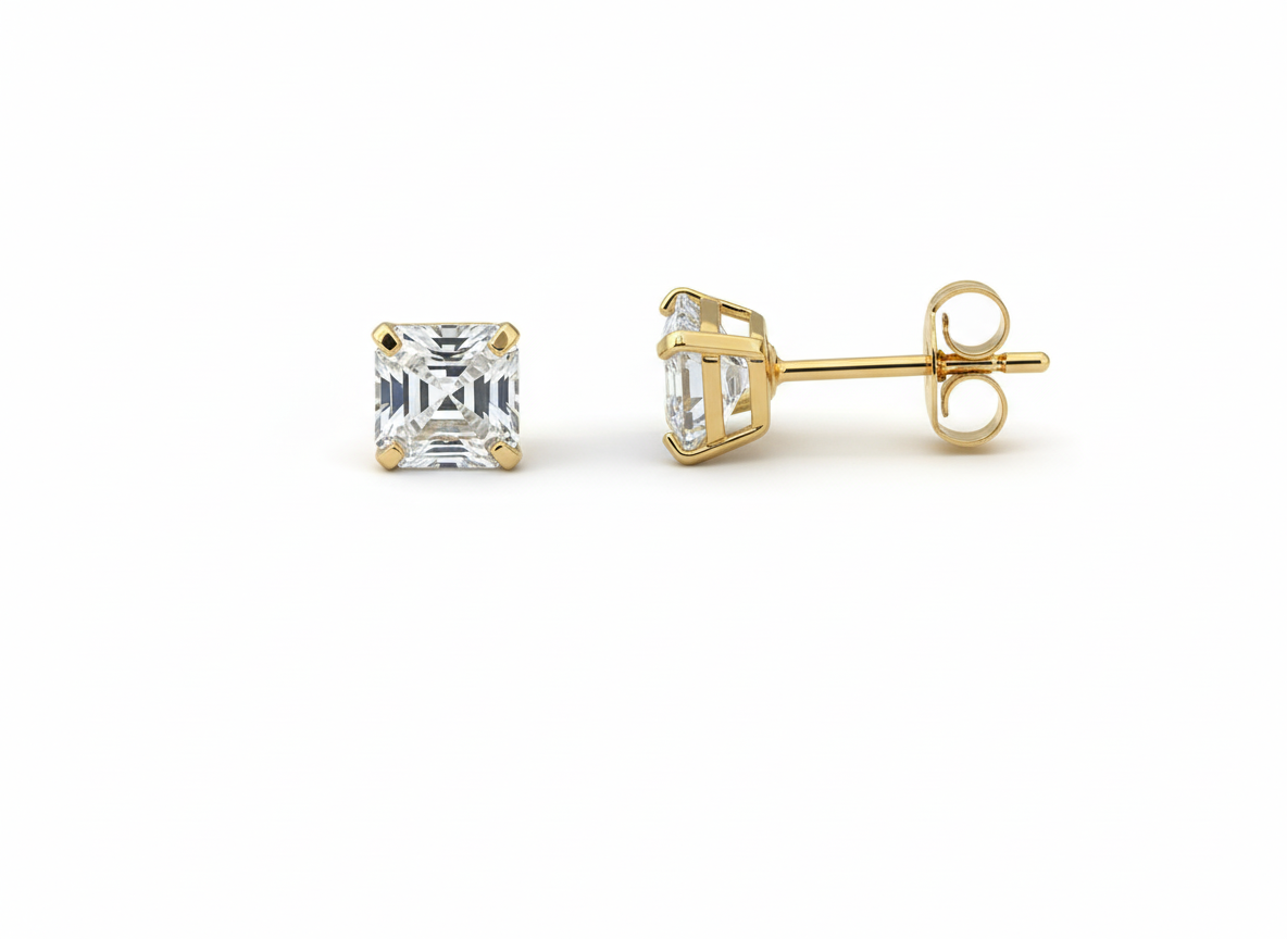 14K Yellow Gold Asscher Cut  Push Back Stud Earrings for Women