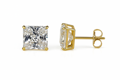 14k  White Gold Heavy Basket Square AAA Quality CZ Stud Earrings with Push Back