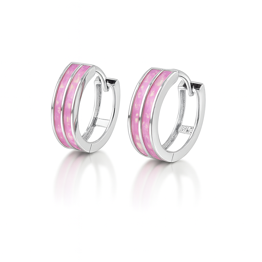 14k Yellow/White Gold Double Row Pink Opal Huggie Hoop Earrings