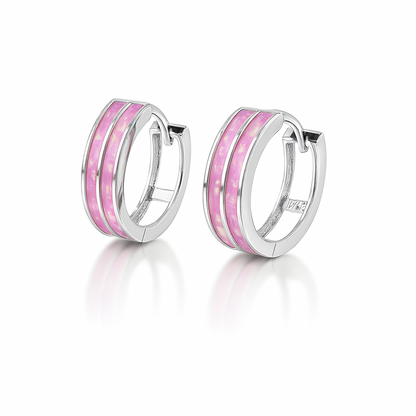 14k Yellow/White Gold Double Row Pink Opal Huggie Hoop Earrings