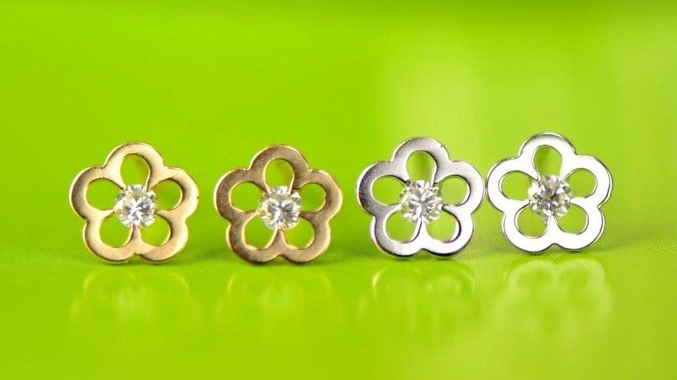 14k Yellow White Gold FlowerCZ Stud Earrings