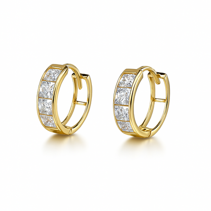 14K Yellow Gold Princess Cut Huggie Hoop Earrings