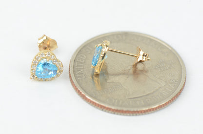 14k Solid Yellow Gold Halo Heart Stud Earrings with Push Back
