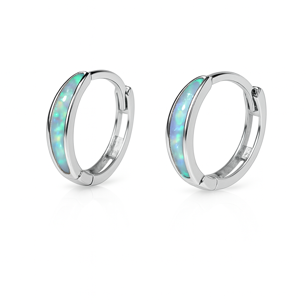 14k White Gold Light Blue Opal Huggie Hoop Earrings