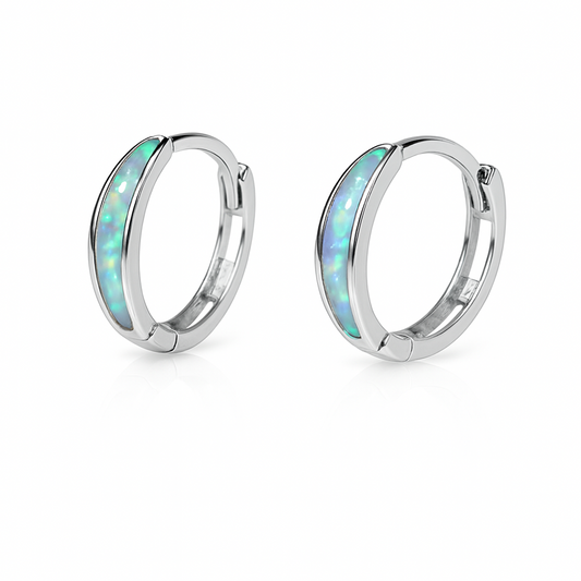 14k White Gold Light Blue Opal Huggie Hoop Earrings