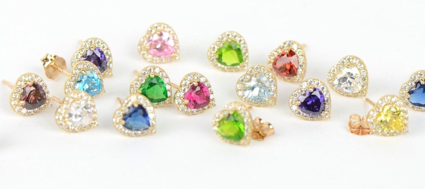 14k Solid Yellow Gold Halo Heart Stud Earrings with Push Back