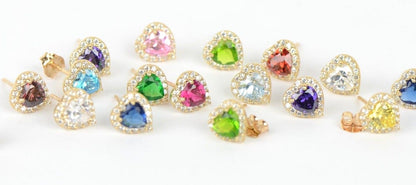 14k Solid Yellow Gold Halo Heart Stud Earrings with Push Back