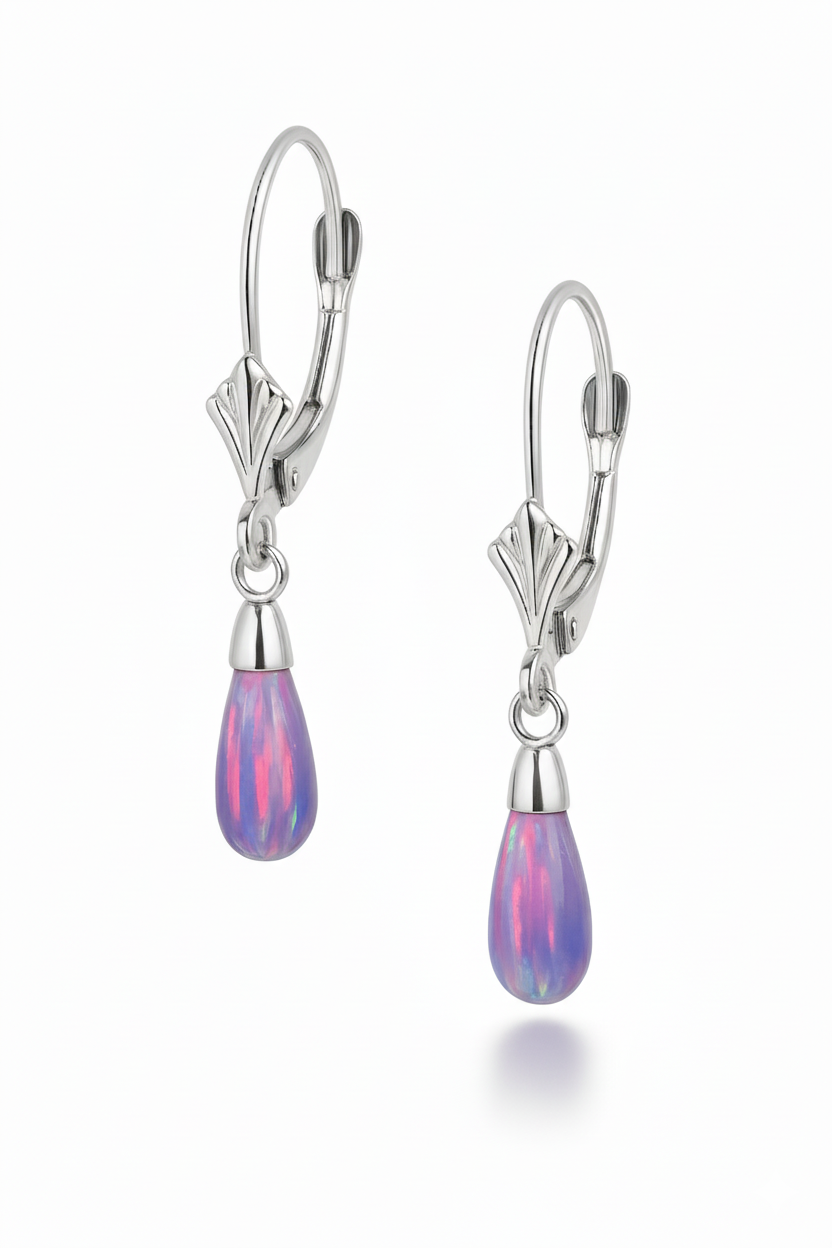 14k-Yellow and White Gold  Dangle Opal Leverback Earrings