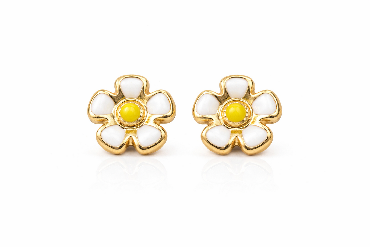14k Yellow Gold Baby Enamel Flower earrings, Screw Back