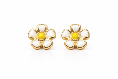 14k Yellow Gold Baby Enamel Flower earrings, Screw Back