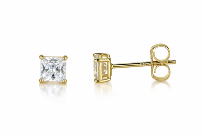 14k  White Gold Heavy Basket Square AAA Quality CZ Stud Earrings with Push Back