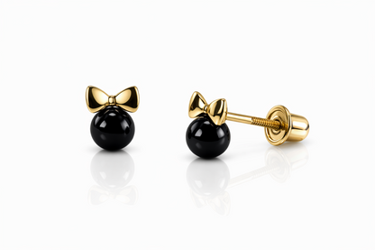 14k Yellow Gold Bow Tie Onyx Stud Earrings/ Screw Back