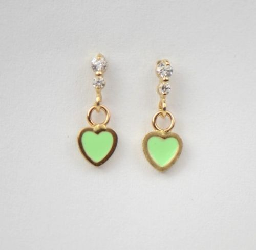 14K Solid Yellow Gold Enamel Heart Shape Dangle Stud Earring