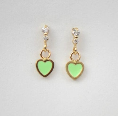 14K Solid Yellow Gold Enamel Heart Shape Dangle Stud Earring