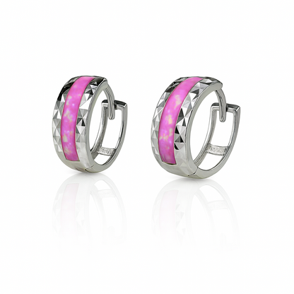 14k White Gold Light Pink Opal Huggie Hoop Earrings