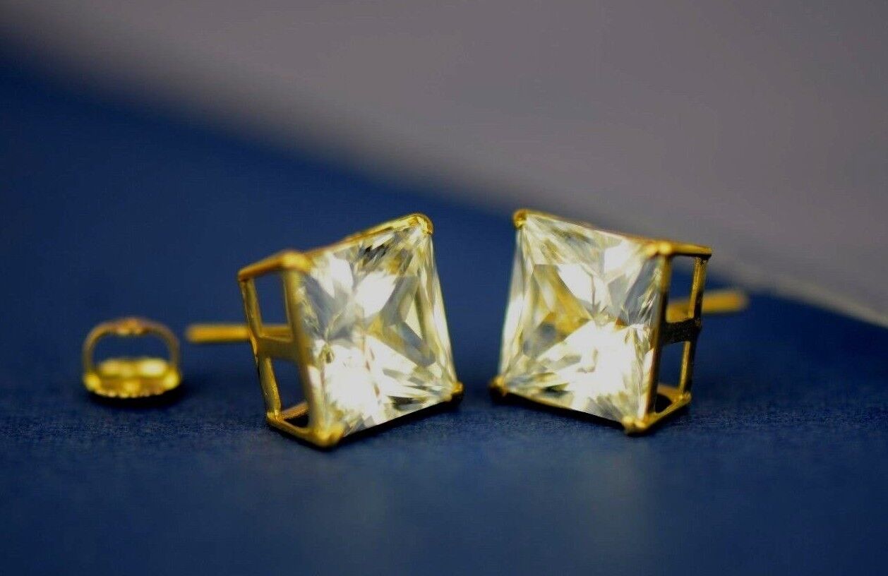 14k Heavy Basket Yellow Gold Square AAA Quality CZ Stud Earrings with Screw Back