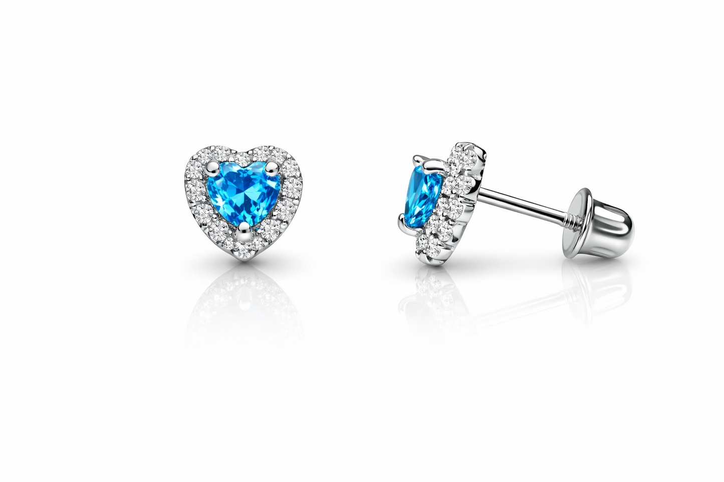 14K White Gold Halo Heart CZ Stud Earrings Screw Back