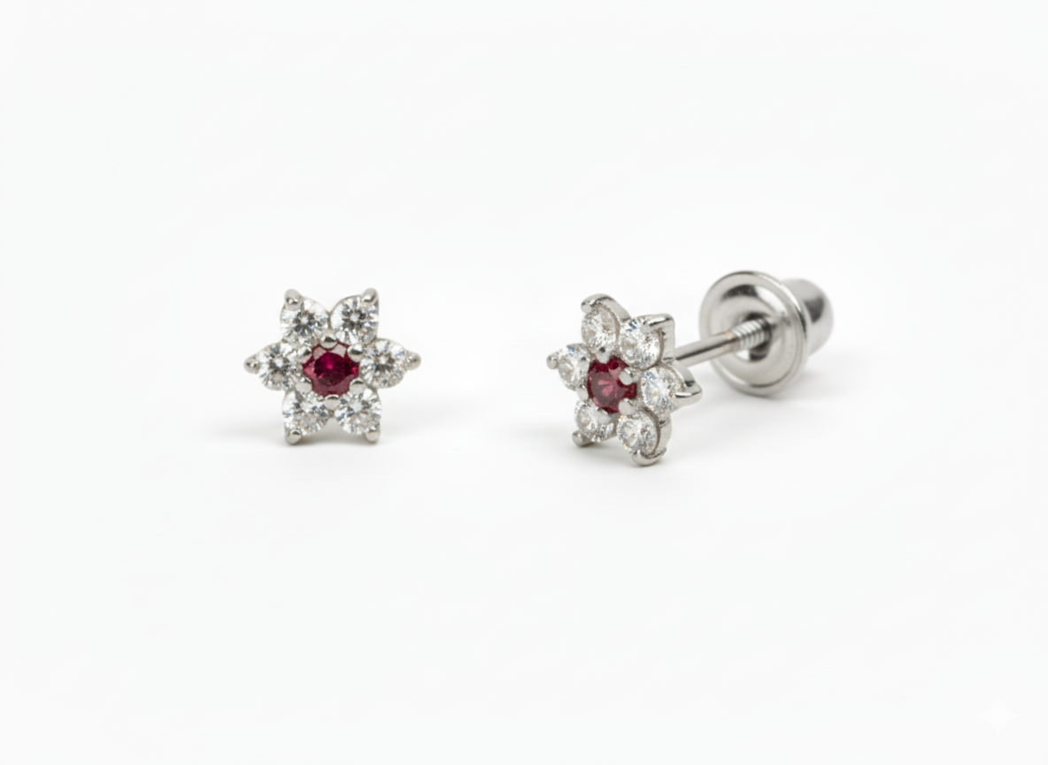 14K White Gold Classic Flower CZ  Stud Earrings for Women