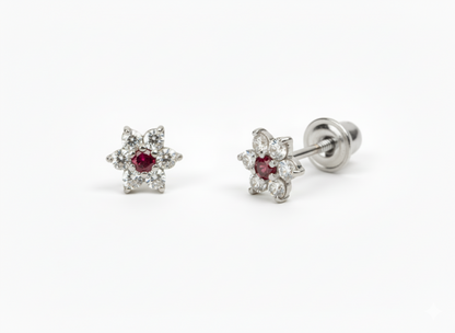 14K White Gold Classic Flower CZ  Stud Earrings for Women