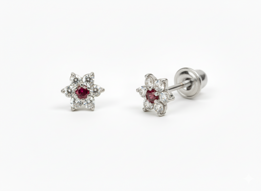14K White Gold Classic Flower CZ  Stud Earrings for Women