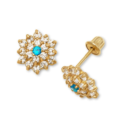 14K Yellow Gold CZ Flower Stud Earrings for Women