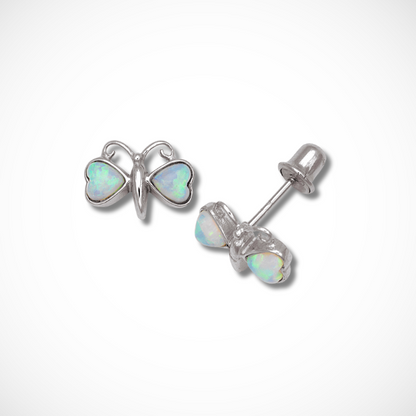 14K Yellow & White Gold Children Opal Butterfly Stud Earrings Screw Back