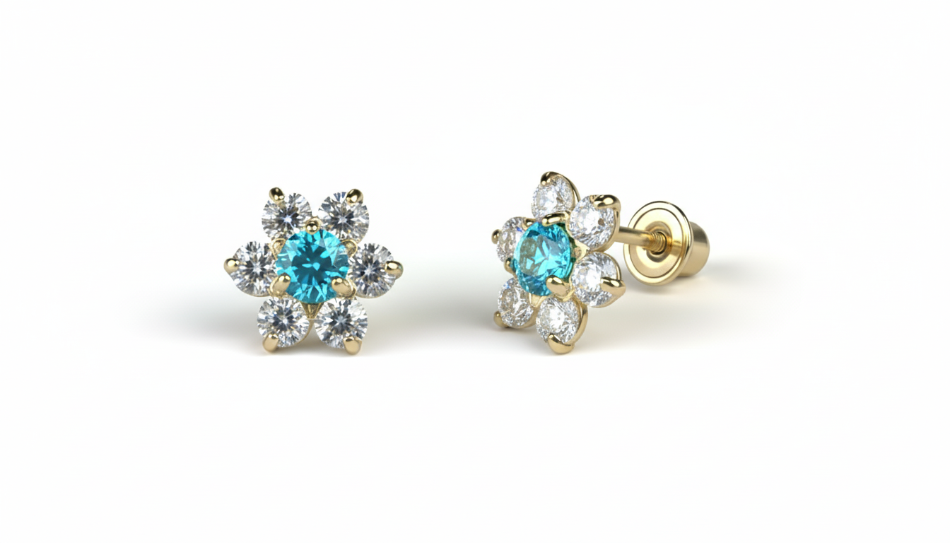 14K Yellow Gold Beautiful Flower CZ Stud Earrings for Women