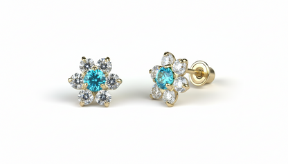 14K Yellow Gold Beautiful Flower CZ Stud Earrings for Women