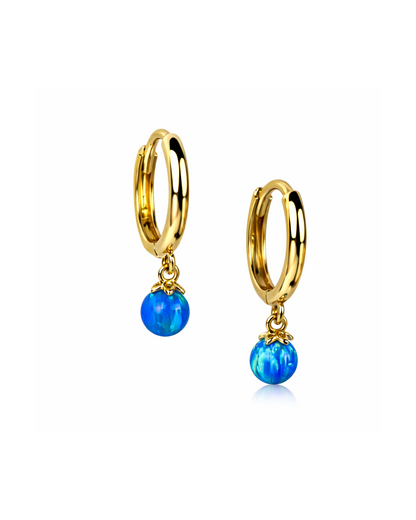 14k Yellow / White Gold Light Blue Opal Huggie Dangle Earrings
