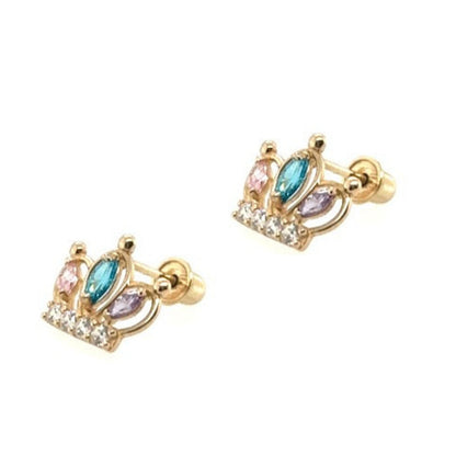 14K Solid Yellow Gold Crown Screw Back CZ Stud Earrings