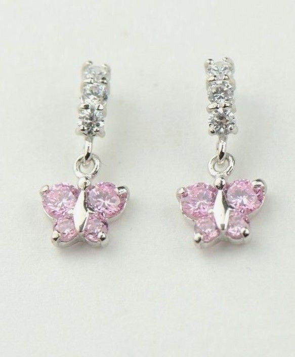 14K White Gold Birthstone Butterfly Dangle Earrings