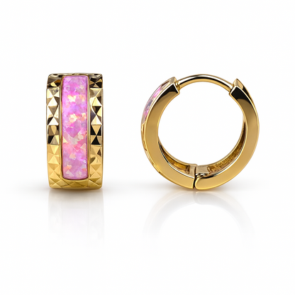 14k Yellow Gold Light Pink Opal Huggie Hoop Earrings