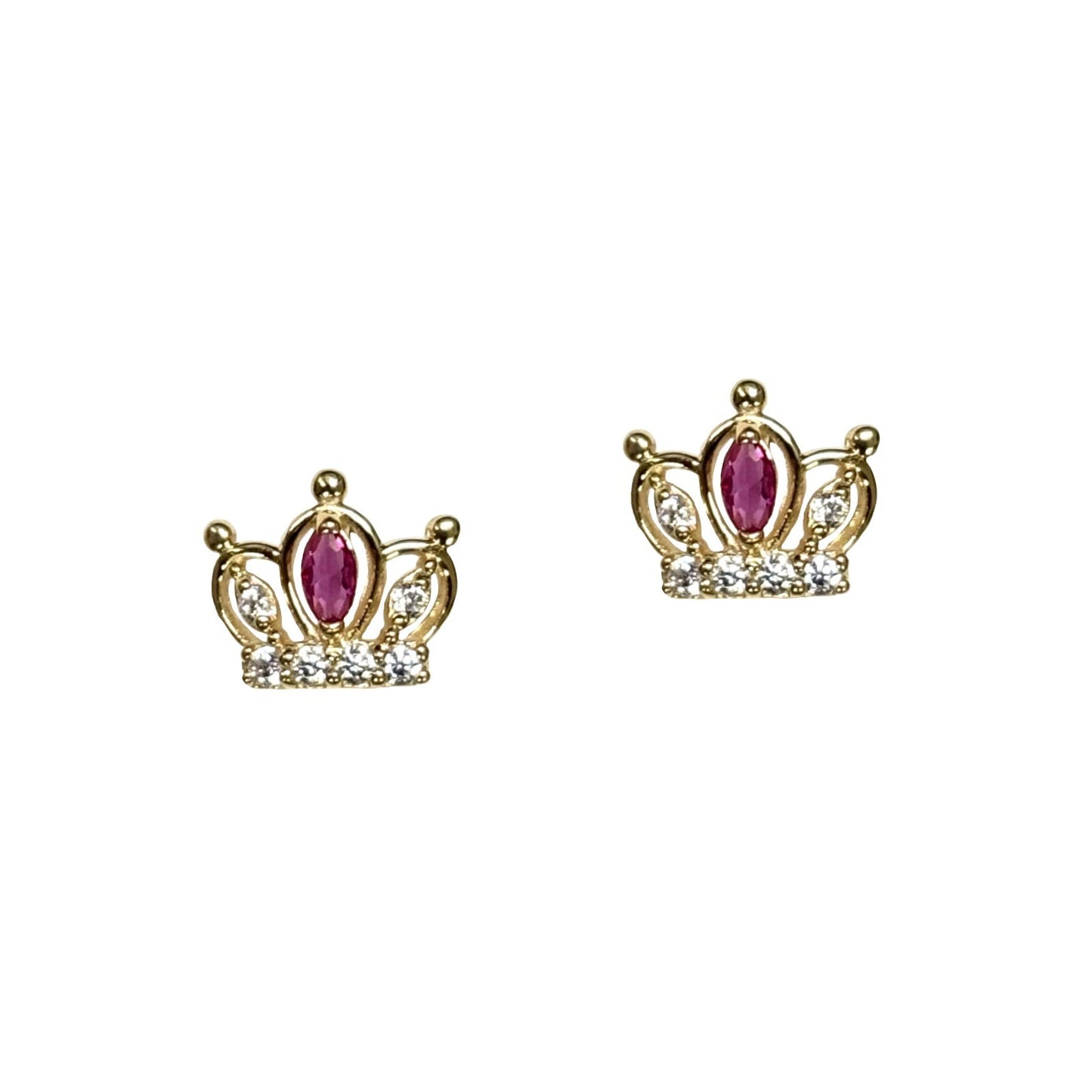 14K Solid Yellow Gold Crown Screw Back CZ Stud Earrings