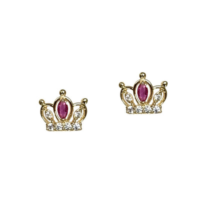14K Solid Yellow Gold Crown Screw Back CZ Stud Earrings