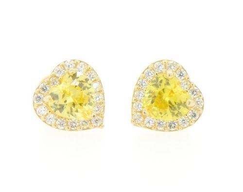14K Yellow Gold Halo Heart CZ Stud Earrings Screw Back