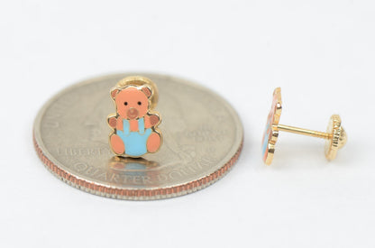 14k Yellow Gold Baby Enamel Panda Earrings, Screw Back