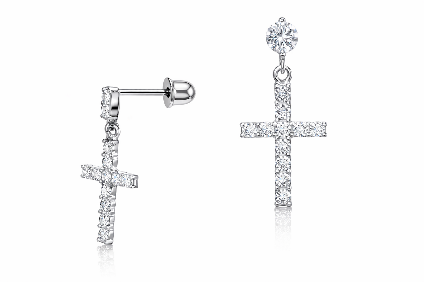 14K Yellow or White Gold Cubic Zirconia CZ Cross Dangle Earrings