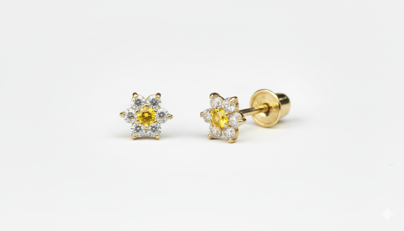 14K Yellow Gold Classic Flower CZ  Stud Earrings for Women