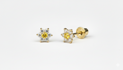 14K Yellow Gold Classic Flower CZ  Stud Earrings for Women